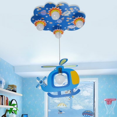 Wood Cartoon Helicopter Hanging Light 5 Lights Cute Pendant Light in Blue for Kid Bedroom