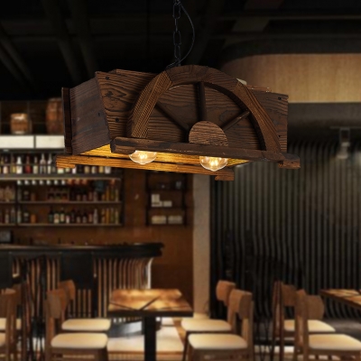 Wood Rectangle Suspension Light Shop Restaurant 2 Lights Industrial Chandelier in Brown