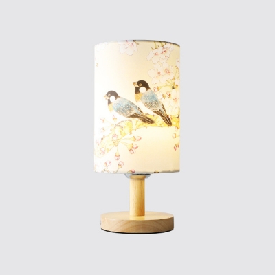 1 Light Cylinder Table Lamp with Bird Lovely Fabric Colorful Study Light for Boy Girl Bedroom