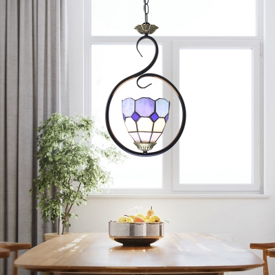 1 Light Dome Pendant Light with Ring Antique Style Suspension Light in Dark Blue/Sky Blue/Yellow for Balcony