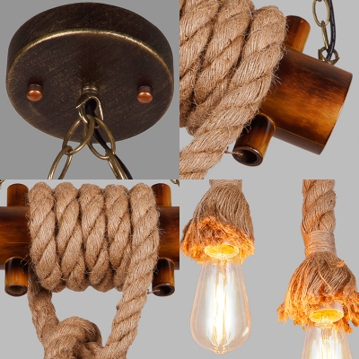 2 Lights Open Bulb Hanging Light Rustic Style Bamboo & Manila Rope Pendant Light in Beige for Balcony