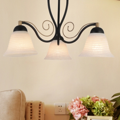 3 Lights Bell Semi Flush Light Traditional Lattice Glass Ceiling Lamp in Black for Restaurant