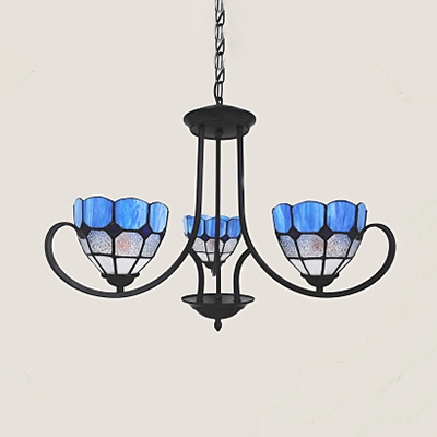 3 Lights Dome Hanging Light Mediterranean Style Stained Glass Chandelier in Blue for Foyer Stair