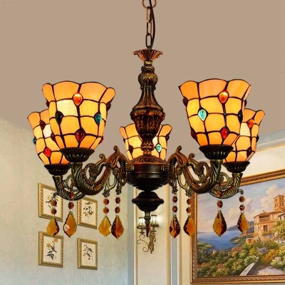 5 Lights Bell Shade Chandelier with Crystal Vintage Style Glass Pendant Light in Beige for Restaurant