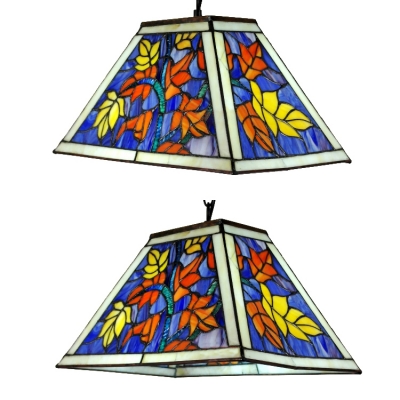 Stained Glass Trapezoid Pendant Light with Leaf Restaurant KTV Single Light Rustic Stylish Hanging Lamp