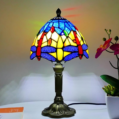 1 Light Dragonfly Desk Lamp Tiffany Antique Stained Glass Table Light in Blue/Orange for Bedroom