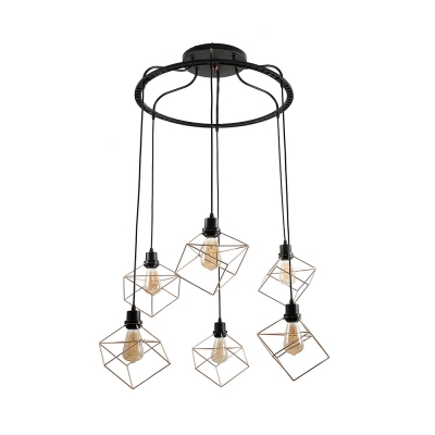 6 Lights Ring Pendant Lamp with Cube Shade Retro Loft Metal Hanging Light in Black for Restaurant