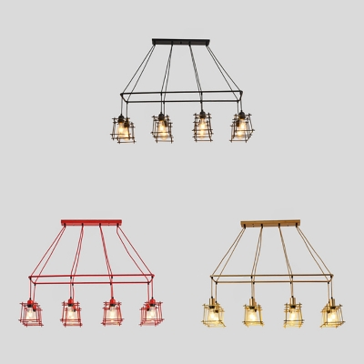 8 Lights Rectangle Pendant Light with Square Cage Antique Metal Ceiling Pendant in Black/Gold/Red for Dining Room