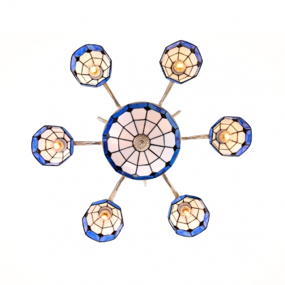9 Lights Cone Dome Chandelier Mediterranean Style Glass Hanging Lamp in Blue for Living Room
