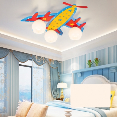 Airplane Child Bedroom Ceiling Mount Light Wood Glass 3/4 Lights American Style Flush Light in Blue