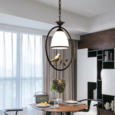 American Rustic Pendant Lamp Dome Shade 1 Light Frosted Glass Hanging Light with Bird & Circle/Oval Ring for Bedroom