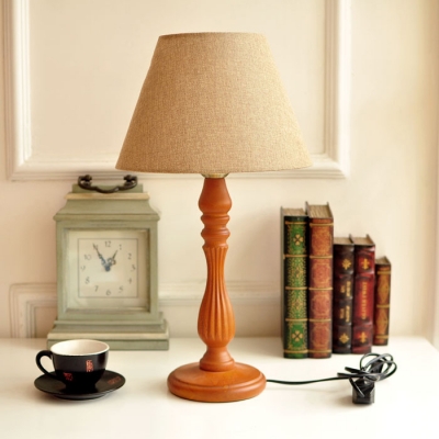 Antique Beige/Flaxen/Off-White Desk Lamp with Tapered Shade 1 Light Wood Study Light for Bedroom