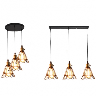 Antique Wire Frame Pendant Light 3 Lights Metal Linear/Round Canopy Suspension Light in Black for Restaurant