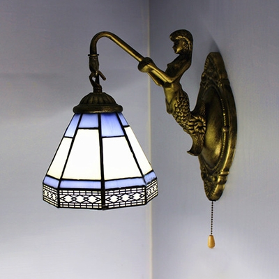 Bedroom Mermaid Wall Sconce with Pull Chain Stained Glass 1 Light Tiffany Style Wall Light
