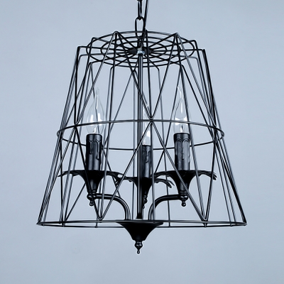 Black Candle Hanging Light 3 Lights American Rustic Metal Ceiling Pendant with Trapezoid Cage for Kitchen