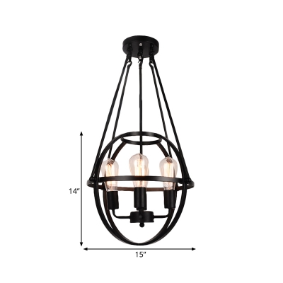 Black Oval Cage Pendant Lamp 4 Lights American Rustic Metal Chandelier for Dining Room