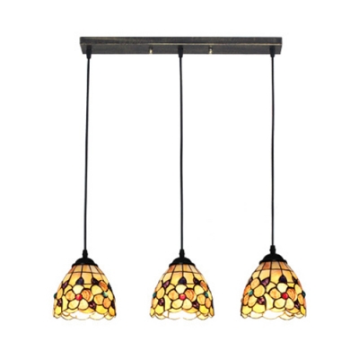 Black/Silver Canopy Pendant Light with Flower 3 Lights Tiffany Antique Stained Glass Hanging Light for Cafe