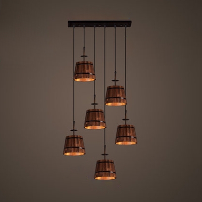 Brown Barrel Suspension Light 6 Lights Antique Wood Ceiling Pendant with Linear/Round Canopy for Cafe