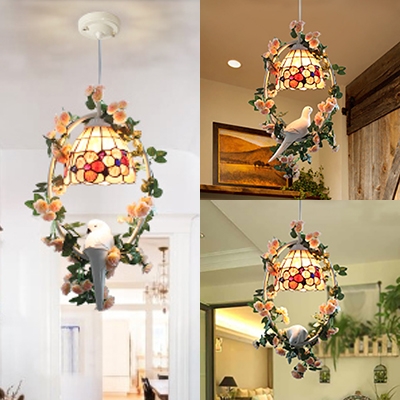 Cafe Floral Theme Pendant Light Glass 1 Light Rustic Style Ceiling Lamp with Pigeon & Plant