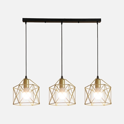 Cloth Shop Cage Hanging Light Metal 3 Lights Industrial Gold Pendant Lamp with Linear/Round Canopy