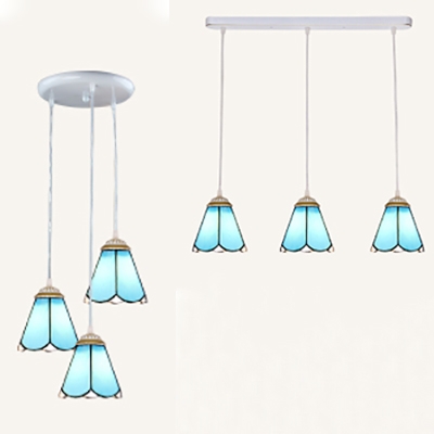 Dining Table Conical Pendant Light Glass 3 Lights Simple Style Blue Suspension Light