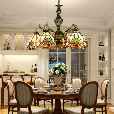 Domed Shade Ceiling Pendant 5 Lights Tiffany Style Victorian Stained Glass Chandelier for Hotel