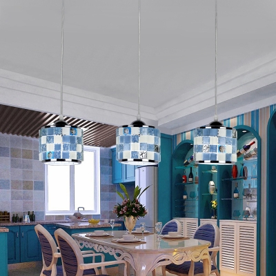 Drum Shade Restaurant Pendant Light Glass 3 Lights Modern Style Island Lamp in Blue/Yellow