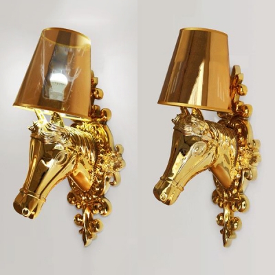 Elegant Tapered Shade Sconce Light Metal 1 Light Gold/Silver Wall Lamp with Horse for Hotel