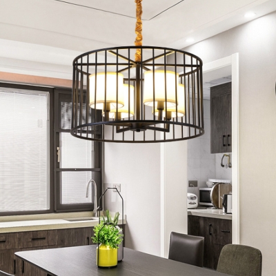 Fabric Drum Pendant Lamp with Cage 4 Lights American Rustic Chandelier in Black for Restaurant
