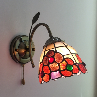 Flower Stair Foyer Wall Light Stained Glass 1 Light Antique Style Sconce Light with Pull Chain