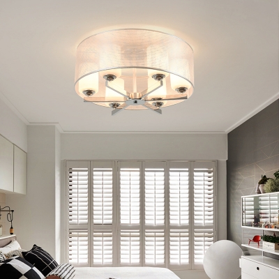 Frosted Glass Cylinder Semi Ceiling Mount Light 6 Lights Simple Style Ceiling Lamp in White for Bedroom
