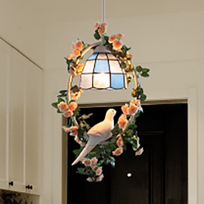 Glass Bowl Hanging Light with Bloom & Bird 1 Light Tiffany Rustic Ceiling Pendant for Balcony