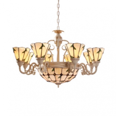 Glass Cone Dome Chandelier with Leaf Living Room Tiffany Style Rustic Hanging Light in Beige