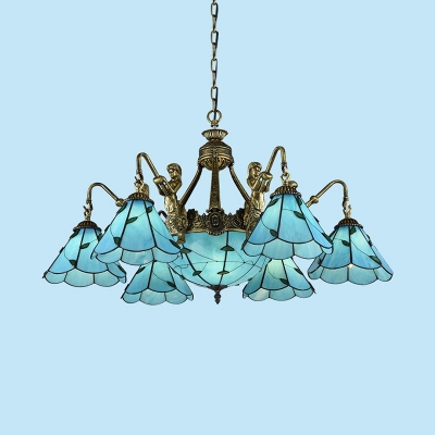 Glass Cone & Dome Chandelier with Mermaid Living Room 9 Lights Tiffany Style Pendant Lamp in Blue