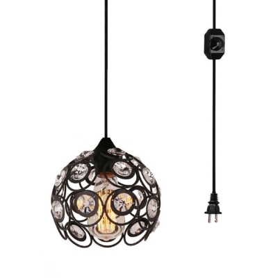 Globe Restaurant Hanging Lamp Metal 1 Light Antique Plug In Pendant Light with Clear Crystal in Black