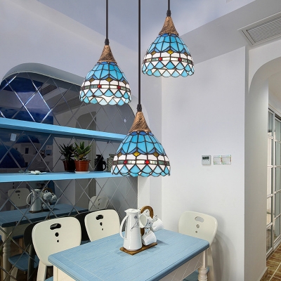 Grid Dome Shade Hanging Light Dining Table Clear/Blue Glass Tiffany Modern Ceiling Lamp