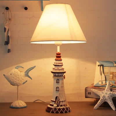 Fabric Conical Night Table Light Cartoon 1 Light White Nightstand Lamp with Lighthouse Base