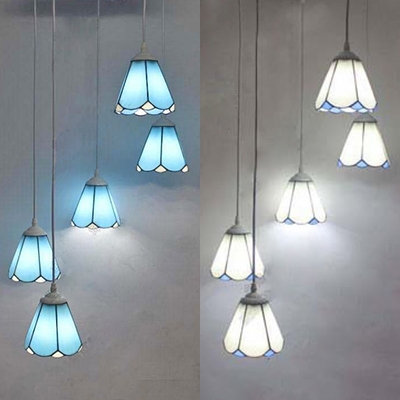 Kid Bedroom Conical Pendant Light Glass 5 Lights Tiffany Rustic Blue/White Ceiling Pendant