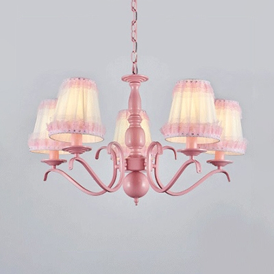 Kid Bedroom Tapered Shade Chandelier with Lace Decoration Metal 3/5/6 Lights Pink Pendant Light