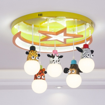 Lovely Animal Flush Light with Star Moon 3/5 Lights Acrylic Ceiling Lamp in Yellow for Kindergarten