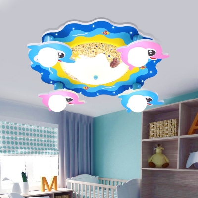 Lovely Blue LED Flush Ceiling Light Dolphin Wood Ceiling Mount Light in Warm for Bedroom