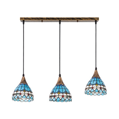 Mediterranean Style Blue Suspension Light Domed Shade 3 Lights Stained Glass Hanging Light for Bar
