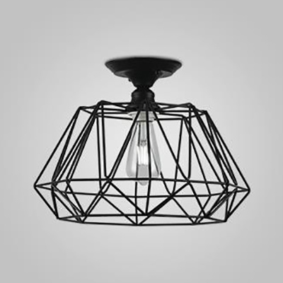 Metal Diamond Cage Ceiling Mount Light 1 Light Antique Style Flush Light in Black Finish for Hallway