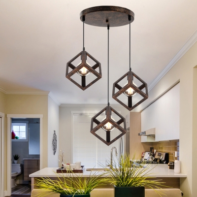 Metal Square Cage Ceiling Light Dining Room Kitchen 3 Lights Industrial Hanging Light