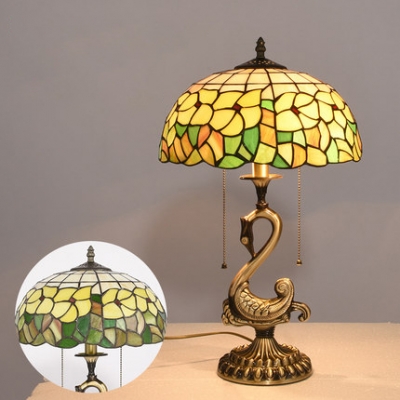 Metal Swan Desk Light Bedroom Hotel Two Lights Rustic Tiffany Style Multi-Color Table Light with Pull Chain