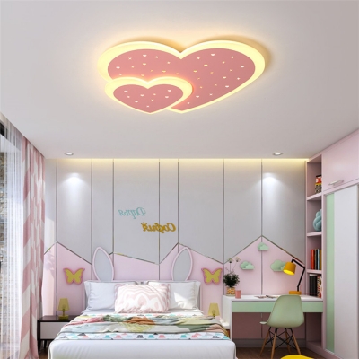 Modern Double Heart Ceiling Mount Light Metal Candy Colored LED Flush Light for Child Bedroom
