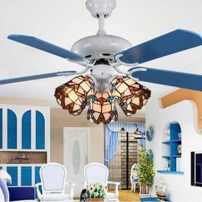 Multi-Color Bell Ceiling Fan 3 Lights Victorian Glass Semi Ceiling Mount Light for Living Room