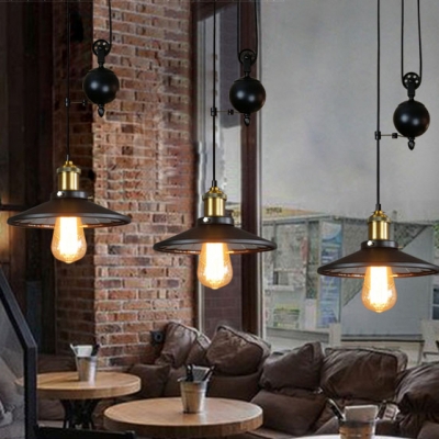 One Light Conical Shade Suspension Light with Pulley Industrial Metal Hanging Lamp in Black for Shop