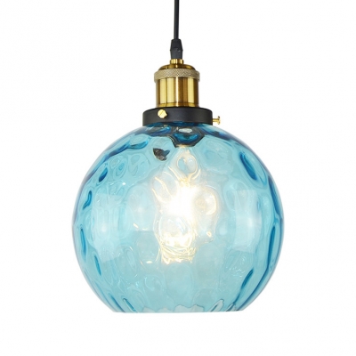 Orb Shade Hallway Pendant Light Hammered Glass 1 Light Industrial Hanging Lamp in Blue
