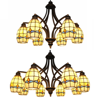 Restaurant Dining Room Chandelier Stained Glass 6/8 Lights Tiffany Style Beige Pendant Lighting